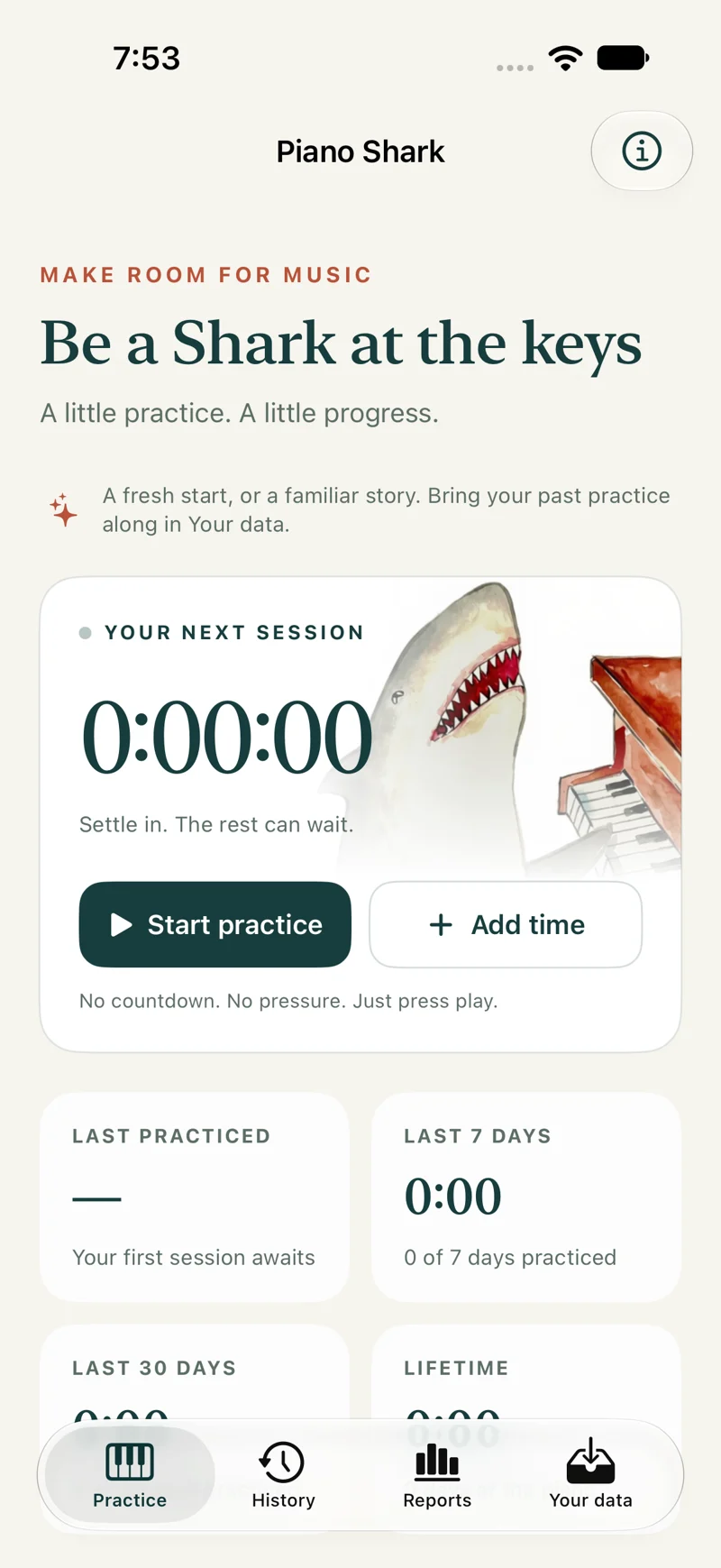 Piano Shark on iPhone: a practice timer, Start practice and Add time buttons, and recent practice summaries