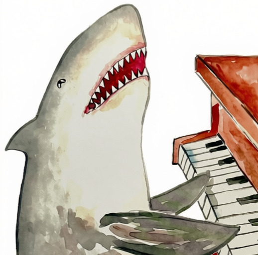 A watercolor shark joyfully playing the piano